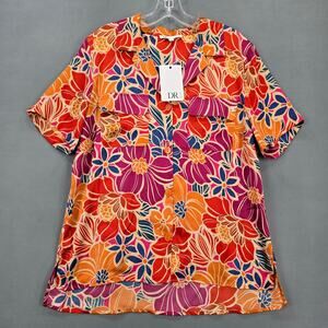 DR2 Orange Floral Shirt NEW Button Up Short Sleeves Hawaiian Women's Size L Top